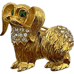 SAMSAN SA Adorable Puppy Dog Brooch Long Ears Rhinestone Vintage Costume Jewelry